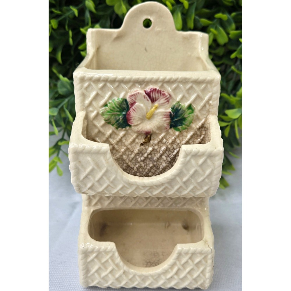 Vintage 1950s Ceramic Kitchen Match Box Holder Made in Japan Basketweave Flowers